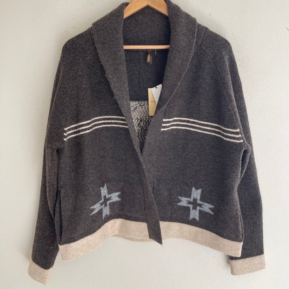 Stetson Dark Brown Shawl Collar Cardigan with Cream Trim and Light Gray Motif